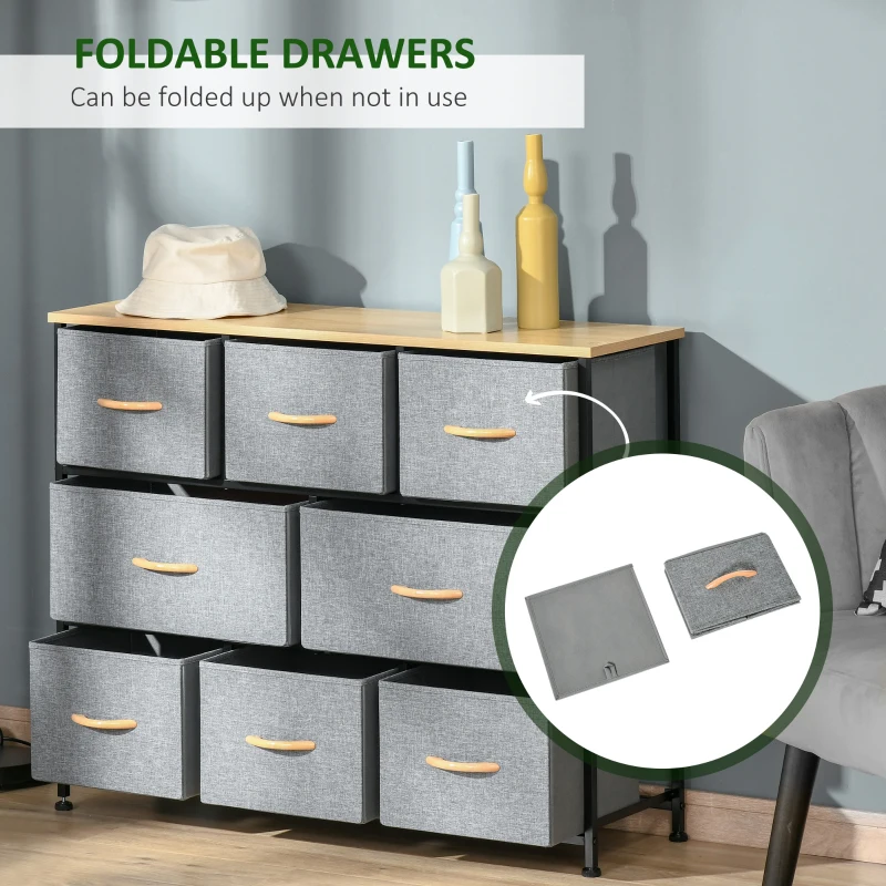 HOMCOM 8-Drawer Dresser, 3-Tier Fabric Chest of Drawers, Storage Tower Organizer Unit with Steel Frame for Bedroom, Hallway, Light Gray