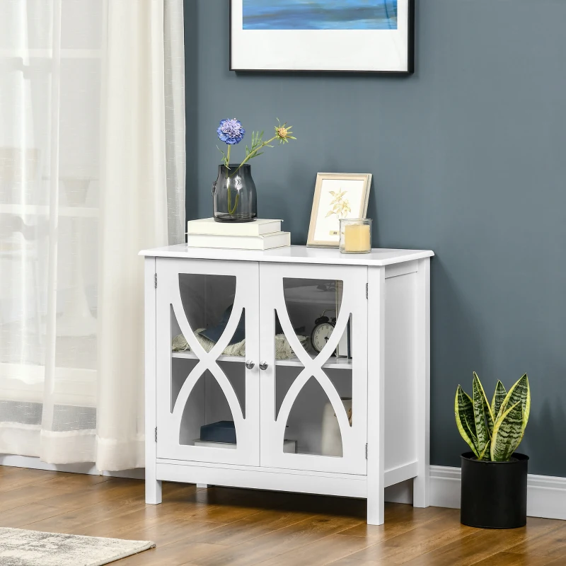 HOMCOM Kitchen Sideboard, Glass Door Buffet Cabinet, Bathroom Storage Cabinet with Adjustable Storage Shelf for Dining Room, Living Room, White