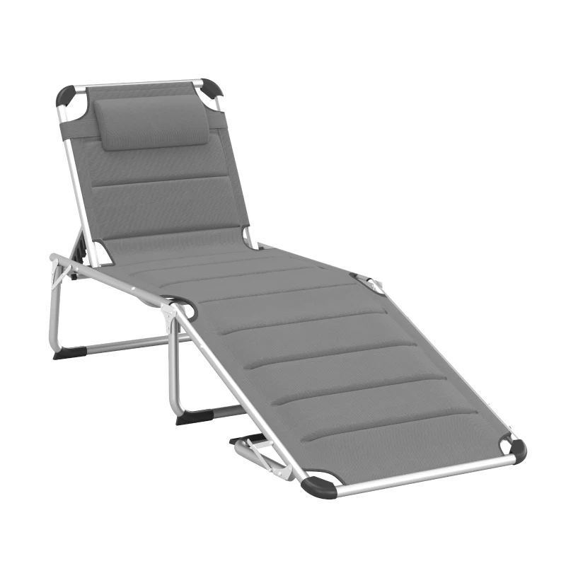 Outsunny Folding Lounge Chair Outdoor 5-Level Reclining Chaise Lounge Chair Outdoor Camping Tanning Chair with Aluminum Frame, Padding, and Headrest for Beach, Yard, Patio, Pool, Gray