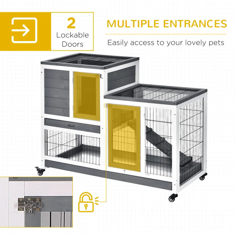 PawHut Wooden Rabbit Hutch, Indoor Bunny Cage with Wheels, Pull Out Trays, Run, Grey