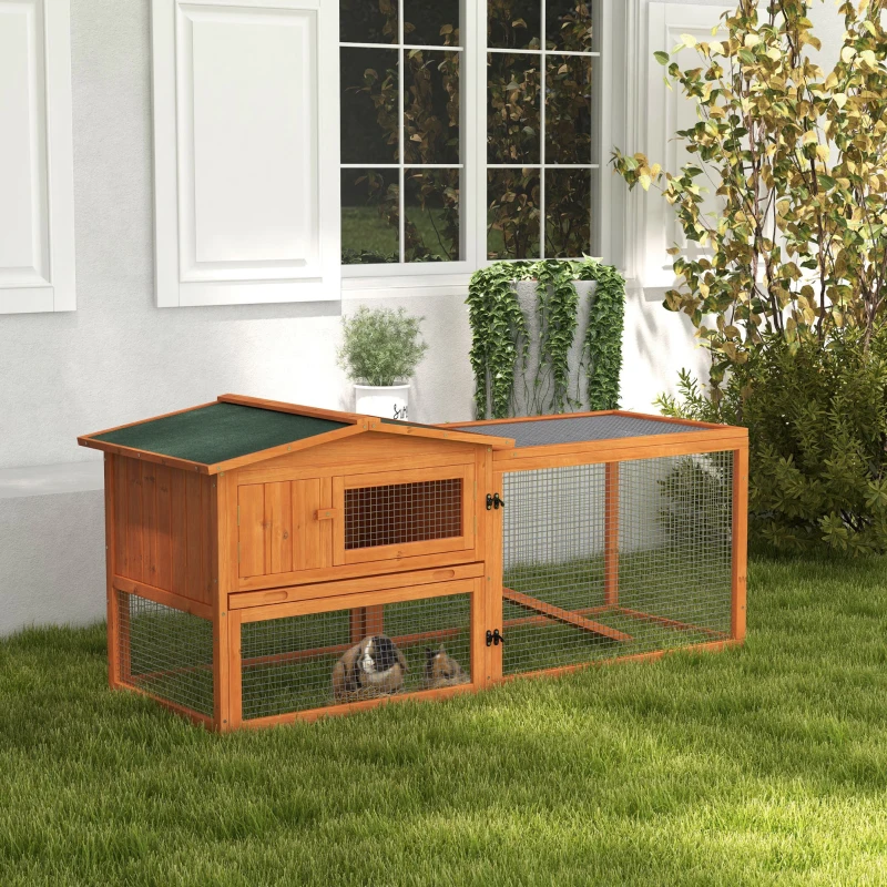 PawHut Rabbit Hutch 2-Story Bunny Cage, Guinea Pig Cage Indoor Outdoor, Small Animal House with Slide Out Tray, for Rabbits, Chickens, Ducks, 61.5" x 23" x 27", Orange
