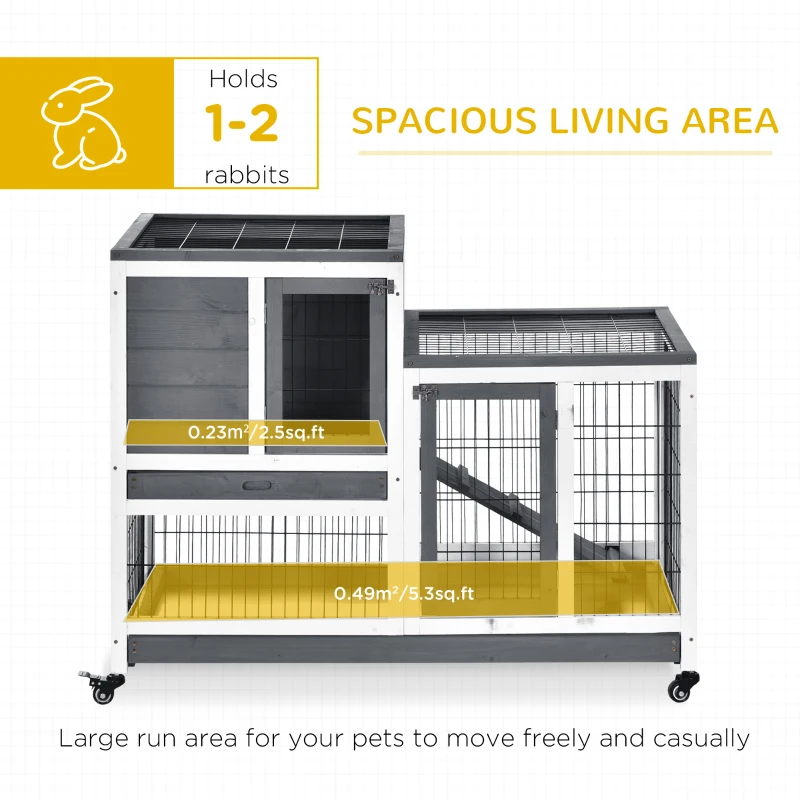 PawHut Wooden Rabbit Hutch, Indoor Bunny Cage with Wheels, Pull Out Trays, Run, Grey