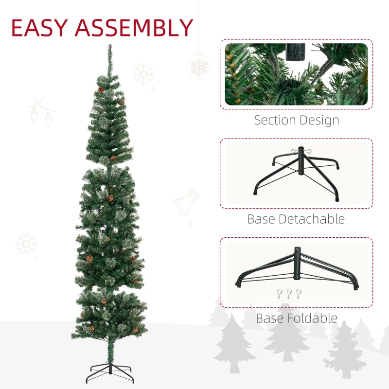HOMCOM 9.5ft Pencil Christmas Tree, Slim Xmas Tree with Realistic Branches, Pine Cones and Metal Base, Green