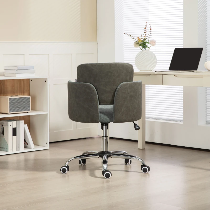 HOMCOM Small Desk Chair, Height Adjustable Fabric Office Chair with Swivel Wheels, Tilt Function, Computer Chair, Grey