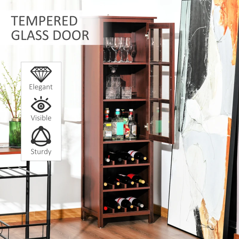 HOMCOM Tall Wine Cabinet, Bar Display Cupboard with 12-Bottle Wine Rack, Glass Door and 3 Storage Compartment for Living Room, Home Bar, Dining Room, Walnut