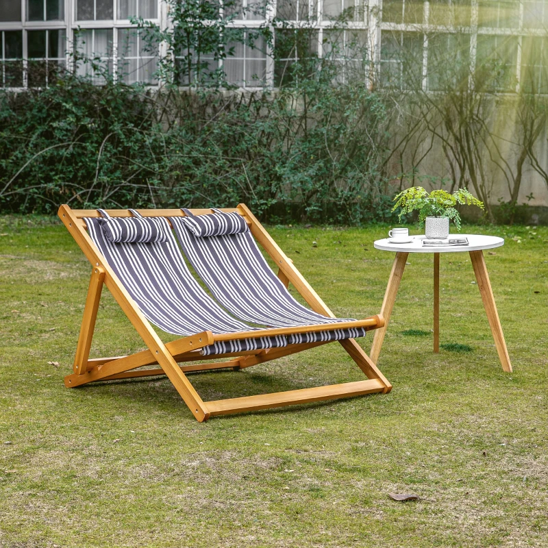 Outsunny 2-Person Sling Chair, Reclining Double Lounger for Patio, Beach, Camping, Lawn, Wood Folding Chair with Recliner Design for 2 Adults, White & Gray Stripes