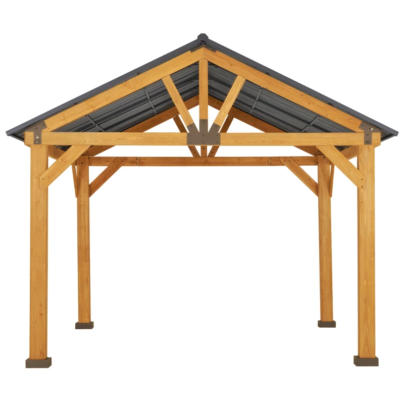 Outsunny 11' x 13' Hardtop Gazebo with Galvanized Steel Roof, Wooden Frame, Permanent Pavilion Outdoor Gazebo with Ceiling Hook for Garden, Patio, Backyard, Lawn(m-11)