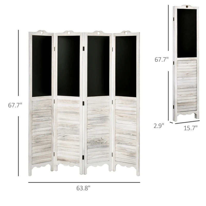 HOMCOM 4-Panel Folding Room Divider with Blackboard, 5.5 Ft Tall Freestanding Privacy Screen Panels for Bedroom or Office, White