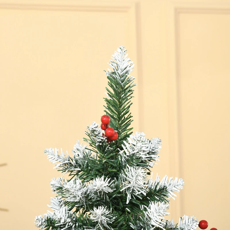 HOMCOM 6ft Decorated Christmas Tree with Red Berries and Pine Cones, Flocked Christmas Tree with Pencil Shape, Green