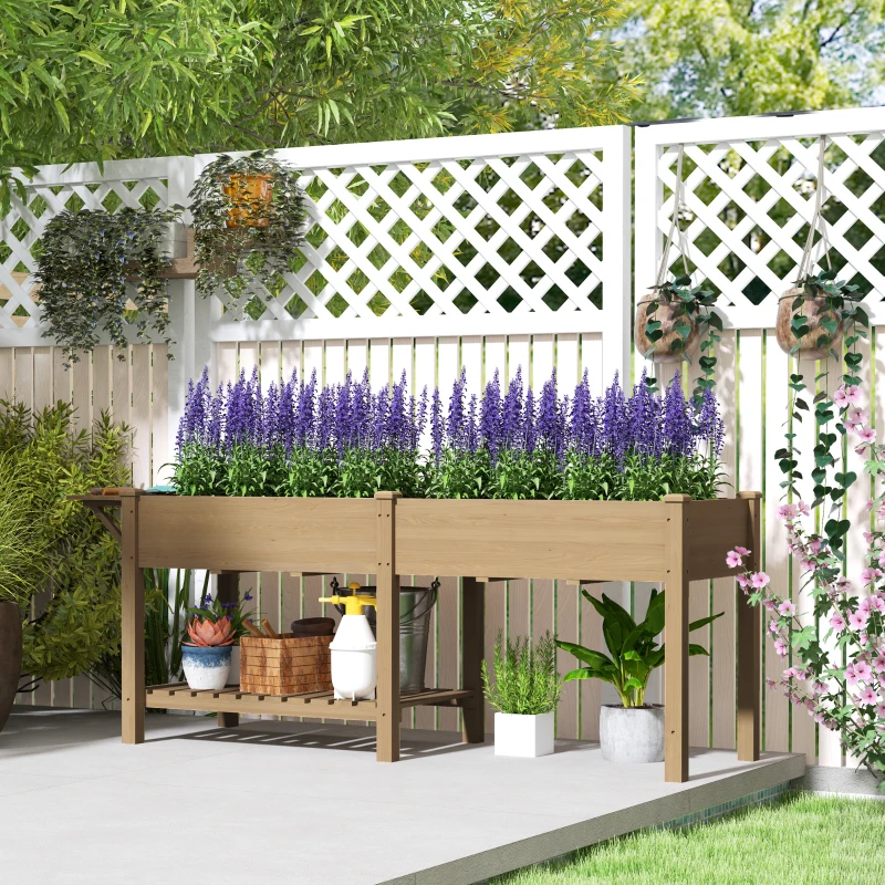 Outsunny Wood Raised Garden Box, Elevated Garden Bed with Side Table, Bottom Shelf, Bed Liners and Drainage Holes, Carbonized