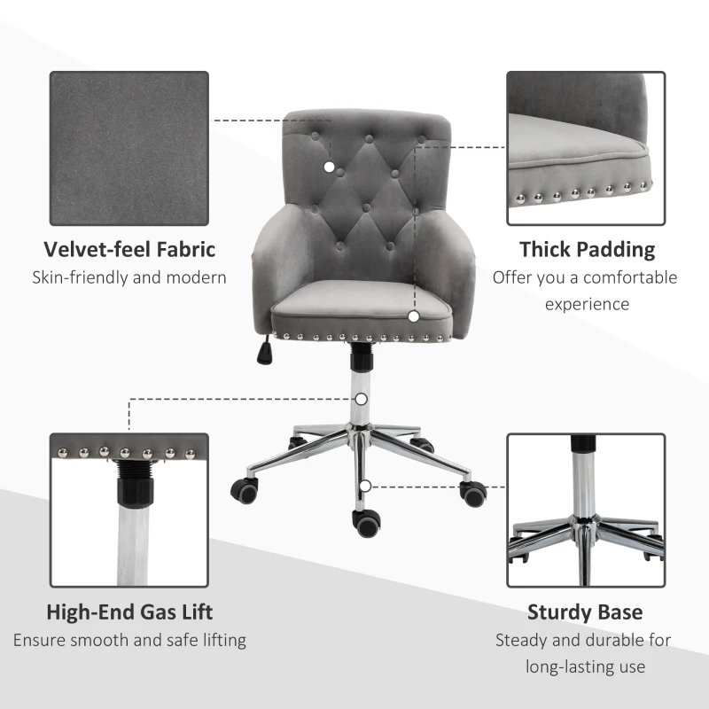 HOMCOM Modern Mid-back Desk Chair with Button Tufted Velvet Back, Nailhead Trim, Swivel Home Office Chair with Adjustable Height, Curved Padded Armrests, Gray