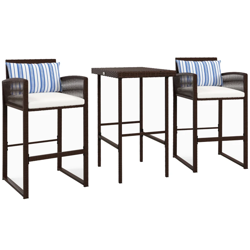 Outsunny 3-Piece Wicker Bar Set, Patio Bar Table Chair with Cushions, for Poolside, 25.2" x 19.3" x 37", White