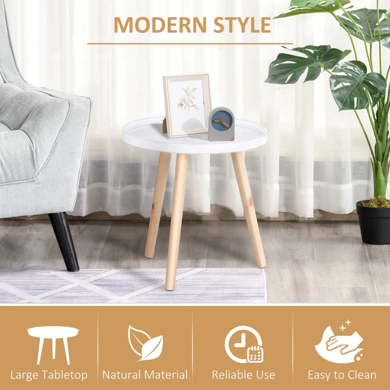 HOMCOM Round Coffee Table, Carved Floral End Table with Tray-style Top and Wooden Legs for Living Room