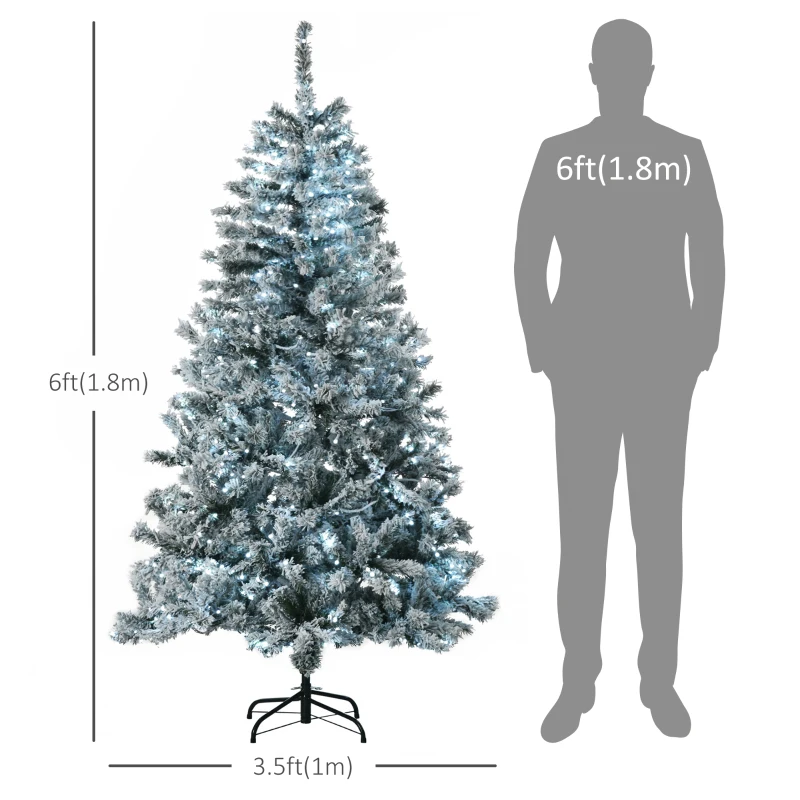 HOMCOM 6' Prelit Artificial Flocked Christmas Trees, with Snow Frosted Branches, Cold White LED Lights, Auto Open
