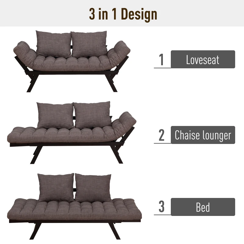 HOMCOM Convertible Sofa Bed Futon Loveseat Living Room with Pillow, Adjustable 3-Position Sofa Bed Soild Wood Frame, Dark Grey