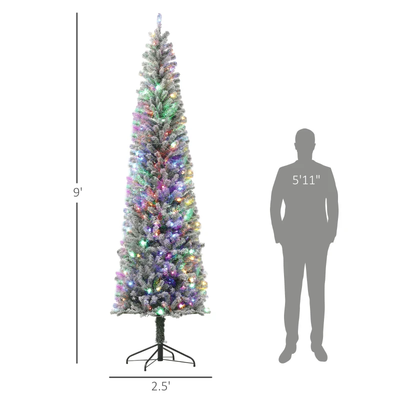HOMCOM 9 ft Pencil Christmas Tree, Pre-Lit Flocked Xmas Tree with Dual Color LED Lights, 895 Tips and Metal Stand, Green