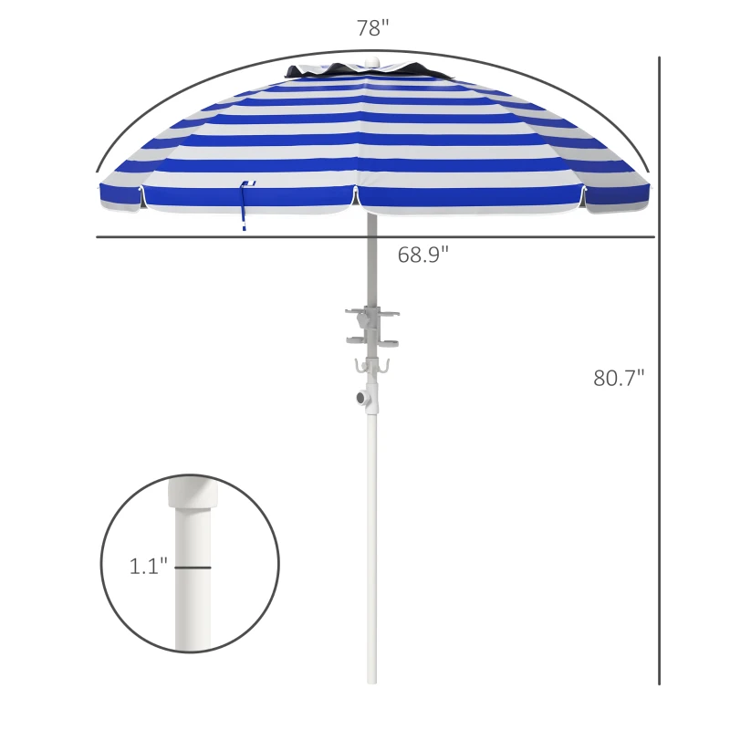 Outsunny 5.7' Beach Umbrella for Travel with Tilt, Adjustable Height, 2 Cup Holders, Hooks, Vent, Ruffles, Blue Stripe