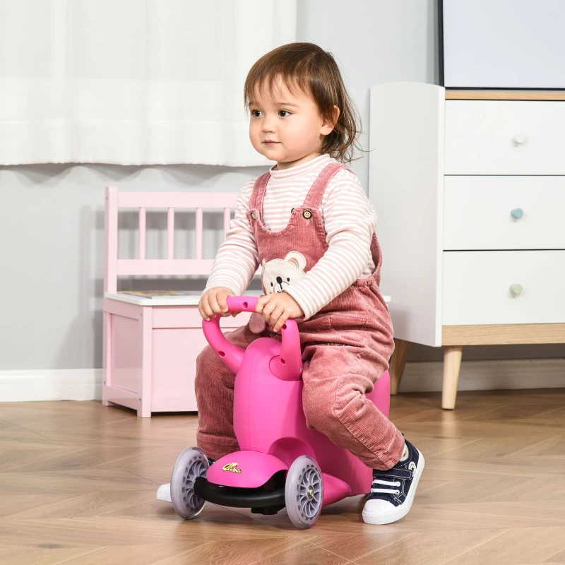 Qaba 3-in-1 Ride On Push Car, Kids Scooter, Sliding Walker, Push Rider, with Adjustable Handlebar, 3 Balanced Wheels, Removable Storage Seat, for Boys and Girls Aged 2-6 Years Olds, Pink