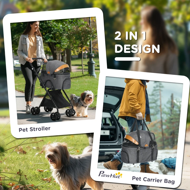 PawHut 2 in1 Foldable Pet Stroller and Detachable Travel Carriage with Lockable Wheels, Adjustable Handlebar Canopy and Zippered Mesh Window Grey