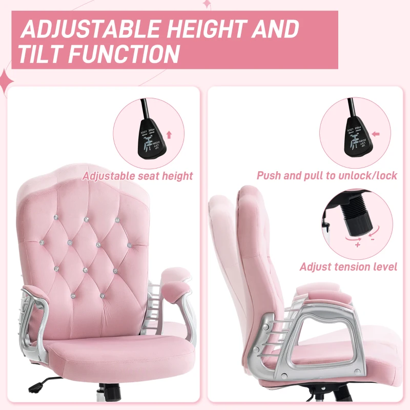 Vinsetto Velvet Office Chair Desk Chair with 360 Degree Swivel Wheels Adjustable Height Tilt Function Pink
