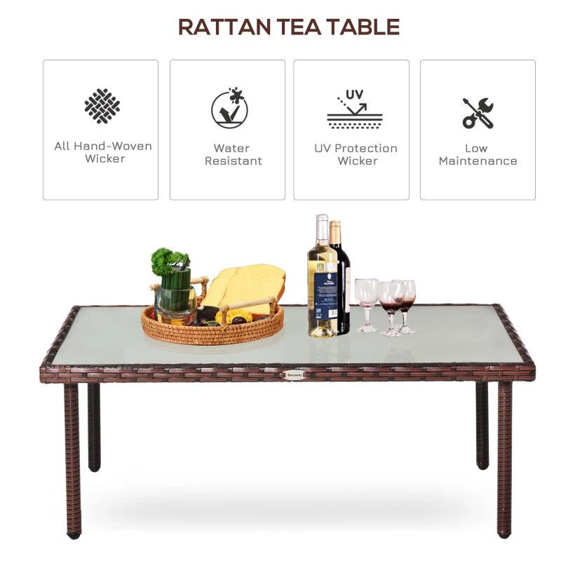 Outsunny Patio Wicker Dining Table, Outdoor Rattan Coffee Table with Glass Top for Garden, Patio, or Backyard, Brown