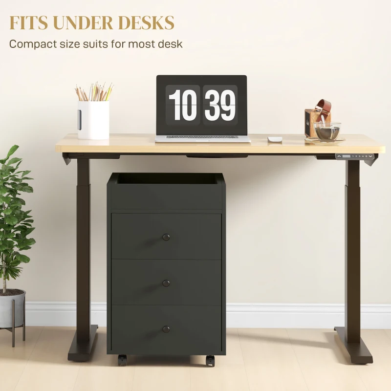 HOMCOM 3 Drawer File Cabinet on Wheels Mobile Home Office Storage Cabinet with Top Tray Under Desk Printer Stand, Black