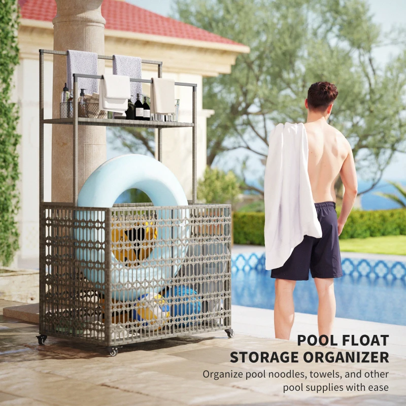 Outsunny Wicker Pool Float Storage Organizer, PE Rattan Pool Float Holder with Basket Shelf Towel Bars, Rolling Pool Caddy for Floaties, Noodles, Life Vests, Beach Balls, Mixed-Gray