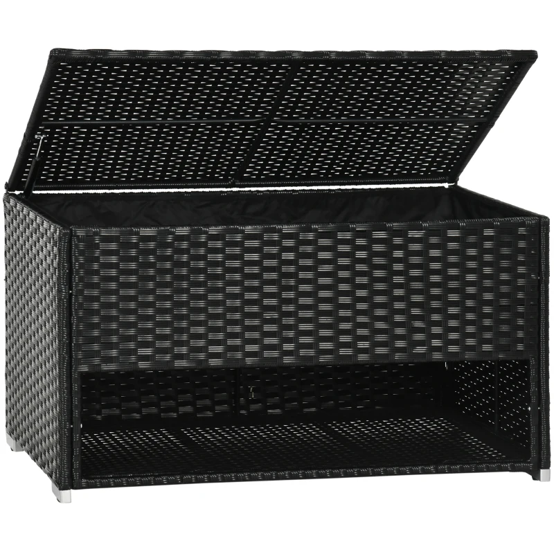 Outsunny Outdoor Deck Box & Shoe Storage, PE Rattan Wicker Towel Rack with Liner for Indoor, Outdoor, Patio Furniture Cushions, Pool, Garden Tools, Black