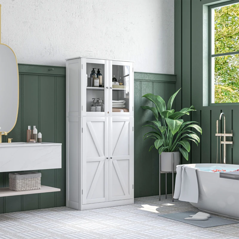 HOMCOM Tall Bathroom Storage Cabinet, Modern Bathroom Cabinet with Glass and Barn Doors, 5-Tier Floor Cabinet, White