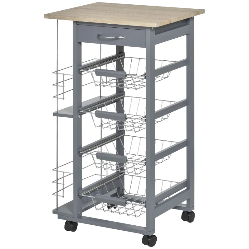 HOMCOM Rolling Kitchen Cart, Utility Storage Cart with 4 Baskets, Drawer, Side Racks, Wheels for Dining Room, Dark Grey