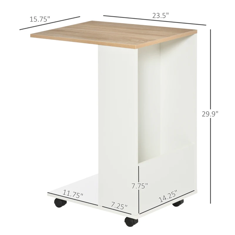 HOMCOM C-Shaped Sofa Side Table Mobile End Table with Storage and Wheels for Living Room,Office, White