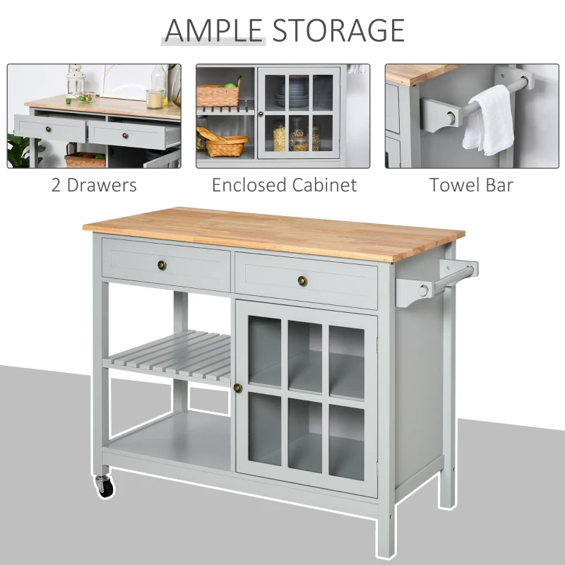 HOMCOM Rolling Kitchen Island with Storage, Kitchen Cart with Solid Wood Top, Glass Door Cabinet, Adjustable Shelf, Towel Rack, 2 Drawers for Dining Room, Gray