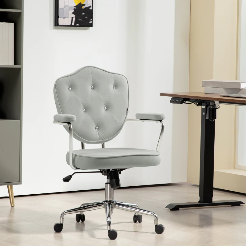 HOMCOM Cute Office Chair, Desk Chair with Button Tufted Velvet-Feel Fabric, Swivel Computer Vanity Chair, Gray