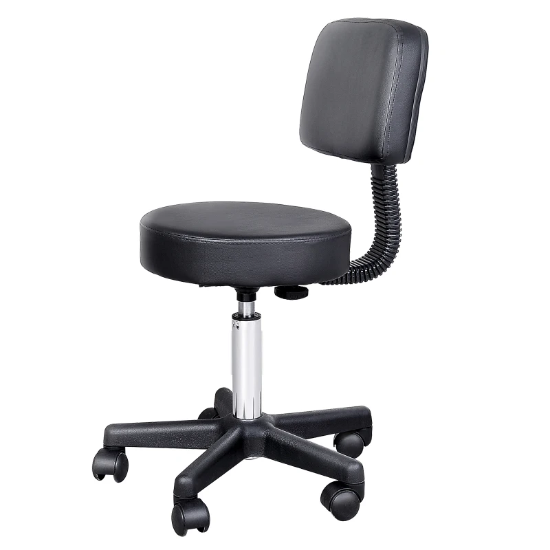 HOMCOM Swivel Medical Salon Stool with Back Support, Rolling Office Drafting Chair with Adjustable Height, PU Leather Surface and Wheels, Black