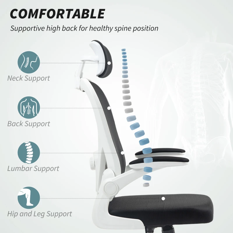 HOMCOM Mesh Office Chair, Ergonomic Desk Chair with Flip-up Armrest, Rotatable Headrest, Adjustable Lumbar Support, Black