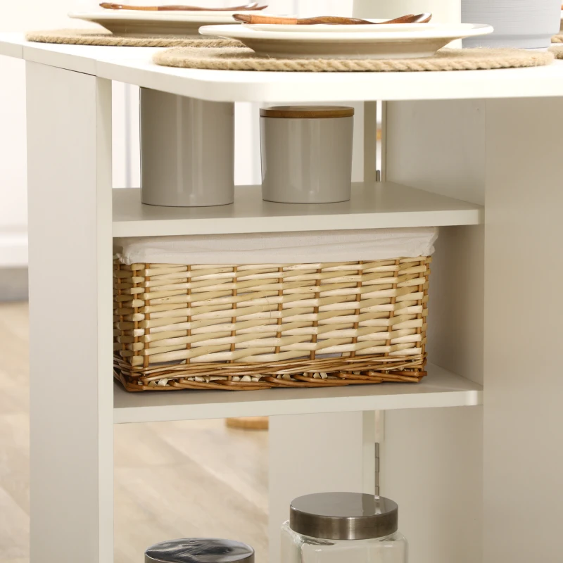 HOMCOM Extendable Dining Table, Drop Leaf Table with 2 Drawers, Cabinet and 6 Wheels for Small Spaces, Kitchen, White