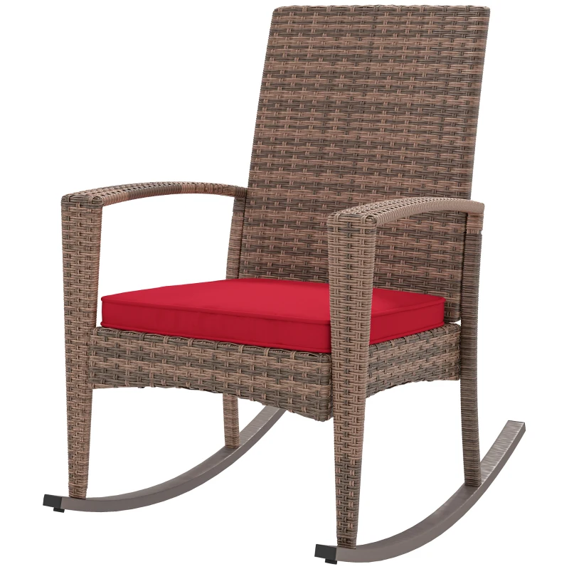 Outsunny Outdoor PE Rattan Rocking Chair, Garden Glider Rocking Chair, Wicker Patio Chair Set with Armrest and Cushion, Wine Red