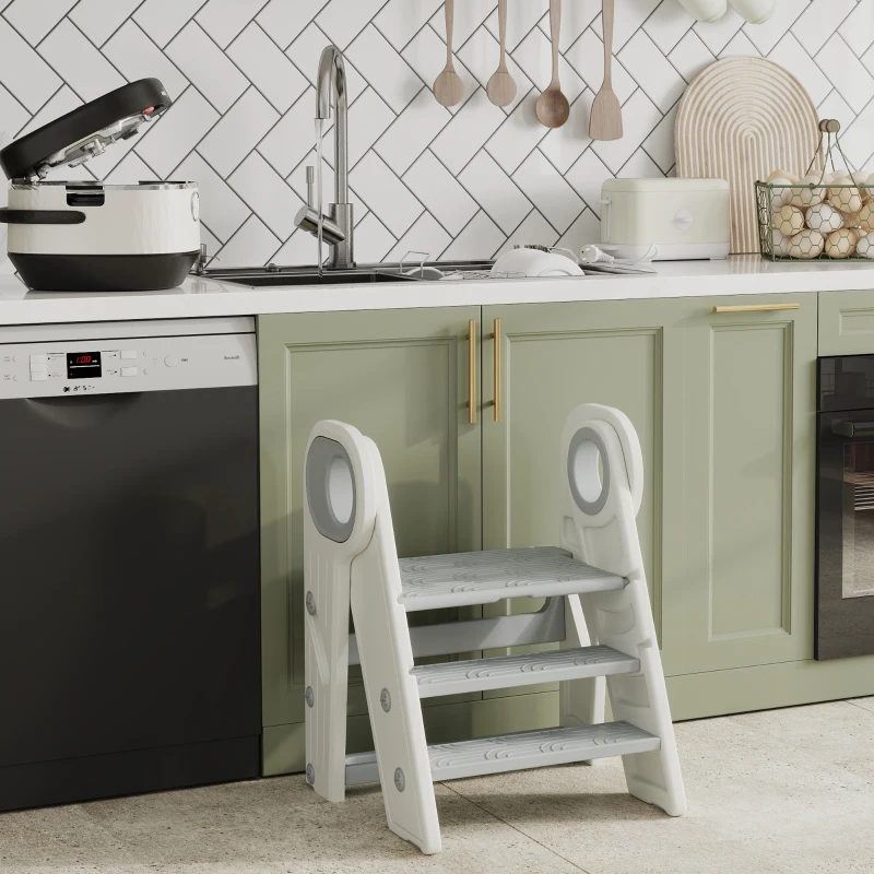 Qaba Foldable & Adjustable Kitchen Stool Helper with Handles, Non-Slip, for Bathroom, Sink, Kitchen, Gray