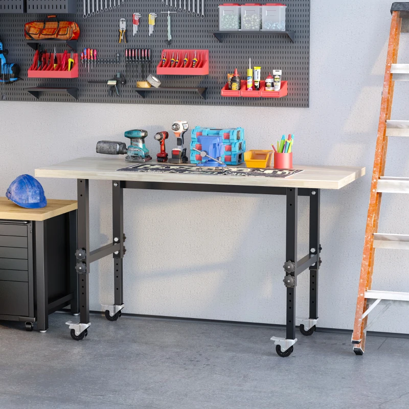 HOMCOM 59" Work Bench with Height Adjustable Legs, Bamboo Tabletop Workstation Tool Table on Wheels for Garage, Weight Capacity 1320 Lbs, Black/Natural