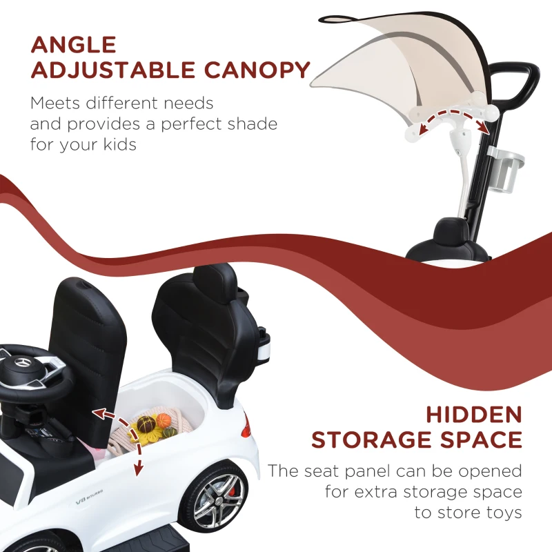 Aosom 2 in 1 Push Car for Toddlers for 1-3 Years Old, Officially Licensed AMG C63 Baby Car, Kids Stroller Sliding Car with Sun Canopy Foot Rest Horn Sound Safety Bar Cup Holder, White