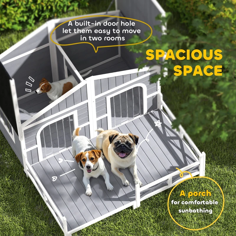 PawHut Dog House Outdoor, Wooden Dog Kennel Weatherproof with Porch, Openable Roof, Removable Bottom, Elevated Floor, Double Room for 2 Small to Medium Breeds, Gray