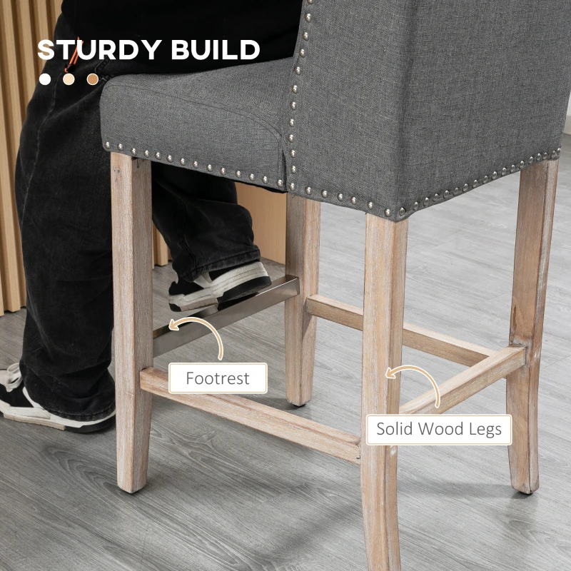 HOMCOM Counter Height Bar Stools Set of 2, 27" Seat Height Upholstered Barstools, Farmhouse Kitchen Island Stools with Nailhead-Trim, Tufted Back and Wooden Legs, Light Gray