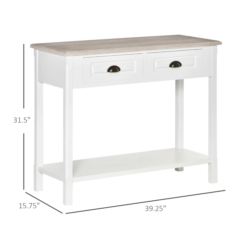 HOMCOM Console Table with 2 Storage Drawers and Open Shelf, Vintage Distressed Sofa Table for Hallway, Living Room, or Bedroom, White
