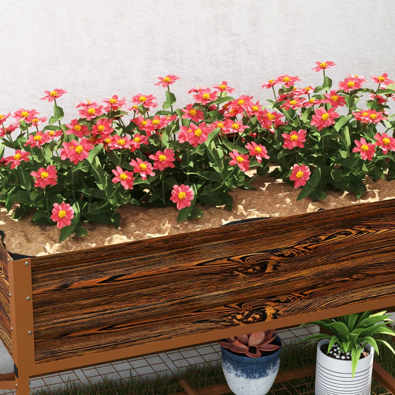 Outsunny Galvanized Raised Garden Bed, Metal Planter Box with Legs, Storage Shelf and Bed Liner, Dark Brown