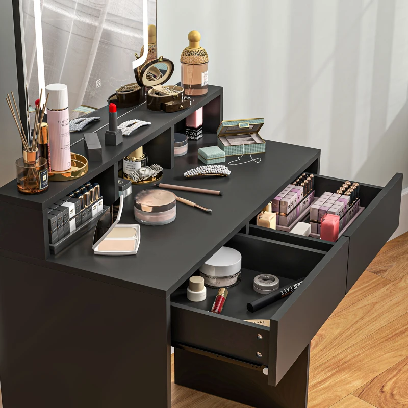 HOMCOM Makeup Vanity Table with LED Lights, for Bedroom, Modern Dressing Table with Drawers, Compartments, Black