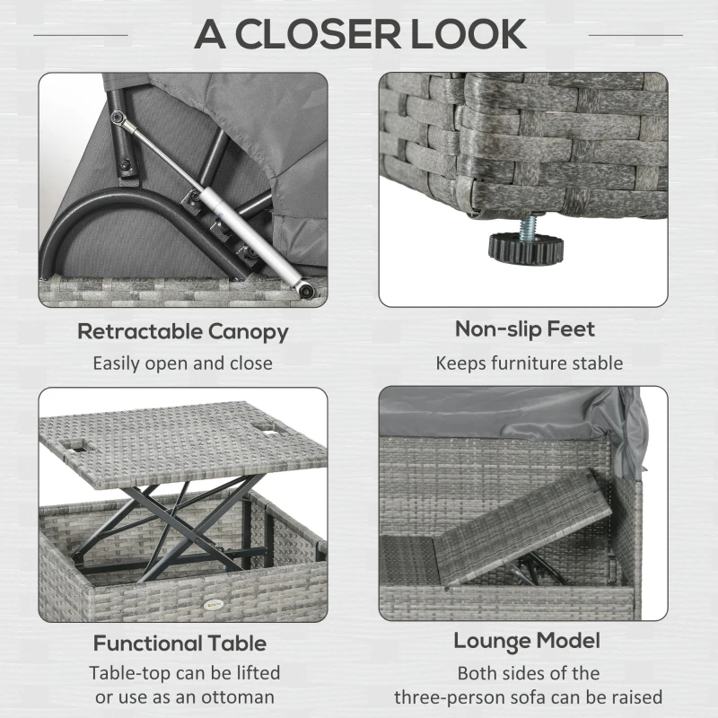 Outsunny 4 Piece Adjustable Canopy Outdoor Rattan Sofa Set w/ Height Adjustable Coffee Table & Cushions, Cream White