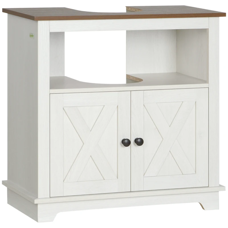 kleankin Farmhouse Bathroom Sink Cabinet, Pedestal Sink Storage Cabinet with Double Doors and Shelves, White
