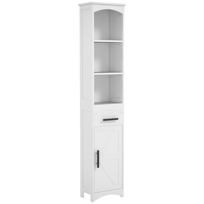 HOMCOM Farmhouse Tall Slim Bathroom Storage Cabinet with Recessed Drawer, Narrow Cabinet with Barn Door, White