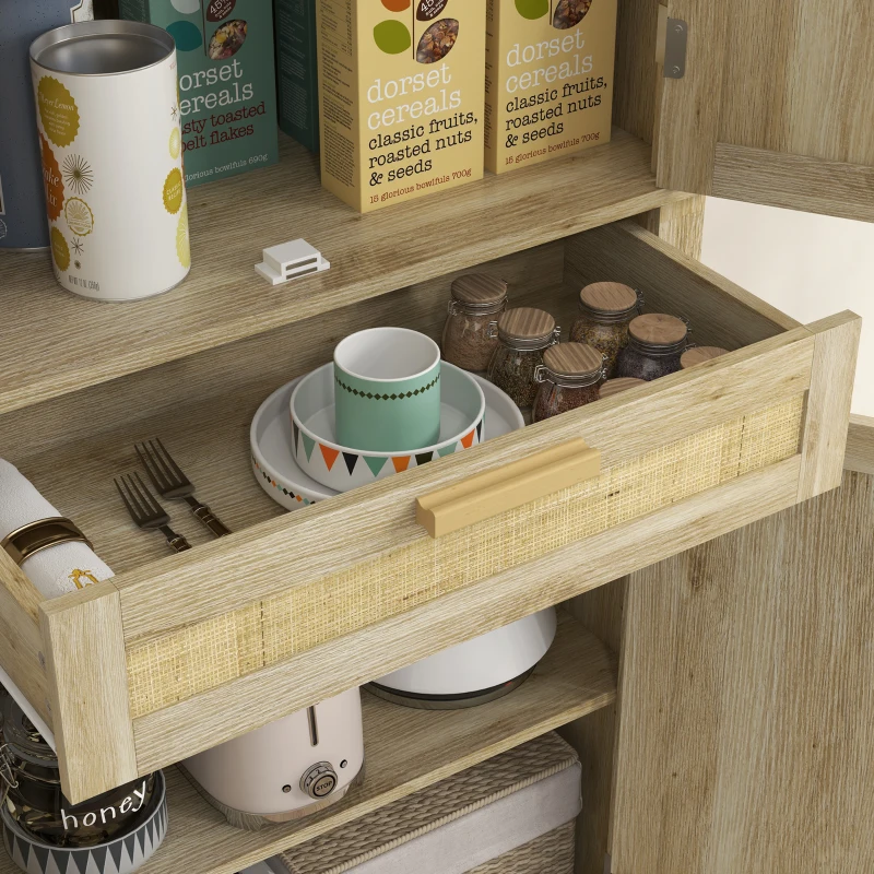 HOMCOM 72" Tall Kitchen Cabinet, Kitchen Pantry Cabinet with Rattan Doors, Drawer, 5-Tier Shelf and Adjustable Shelves, Oak