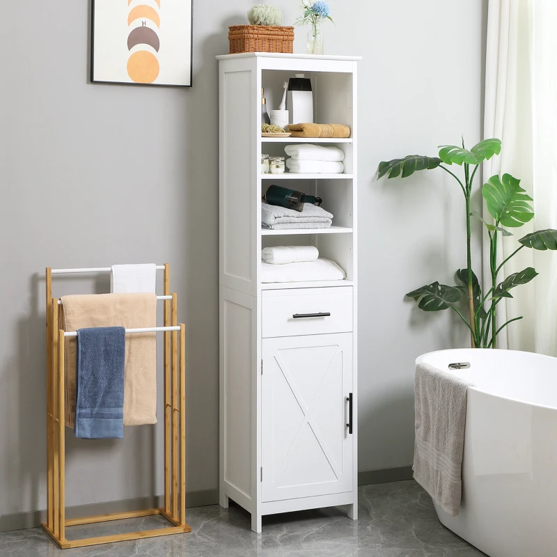 kleankin Tall Bathroom Storage Cabinet, Free Standing Bathroom Cabinet Slim Side Organizer w/ 3-Tier Open Shelf, Door, and Drawer, White